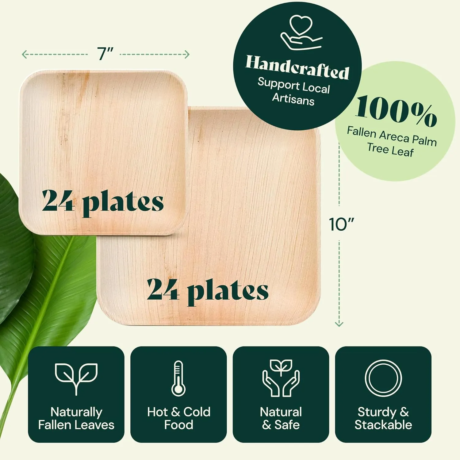 Chic Leaf Compostable & Biodegradable Palm Leaf Disposable Bamboo Plates - Disposable Party Plates for Appetizers - Camping Essentials - Reusable Party Supplies (10 & 7 Inch Square)