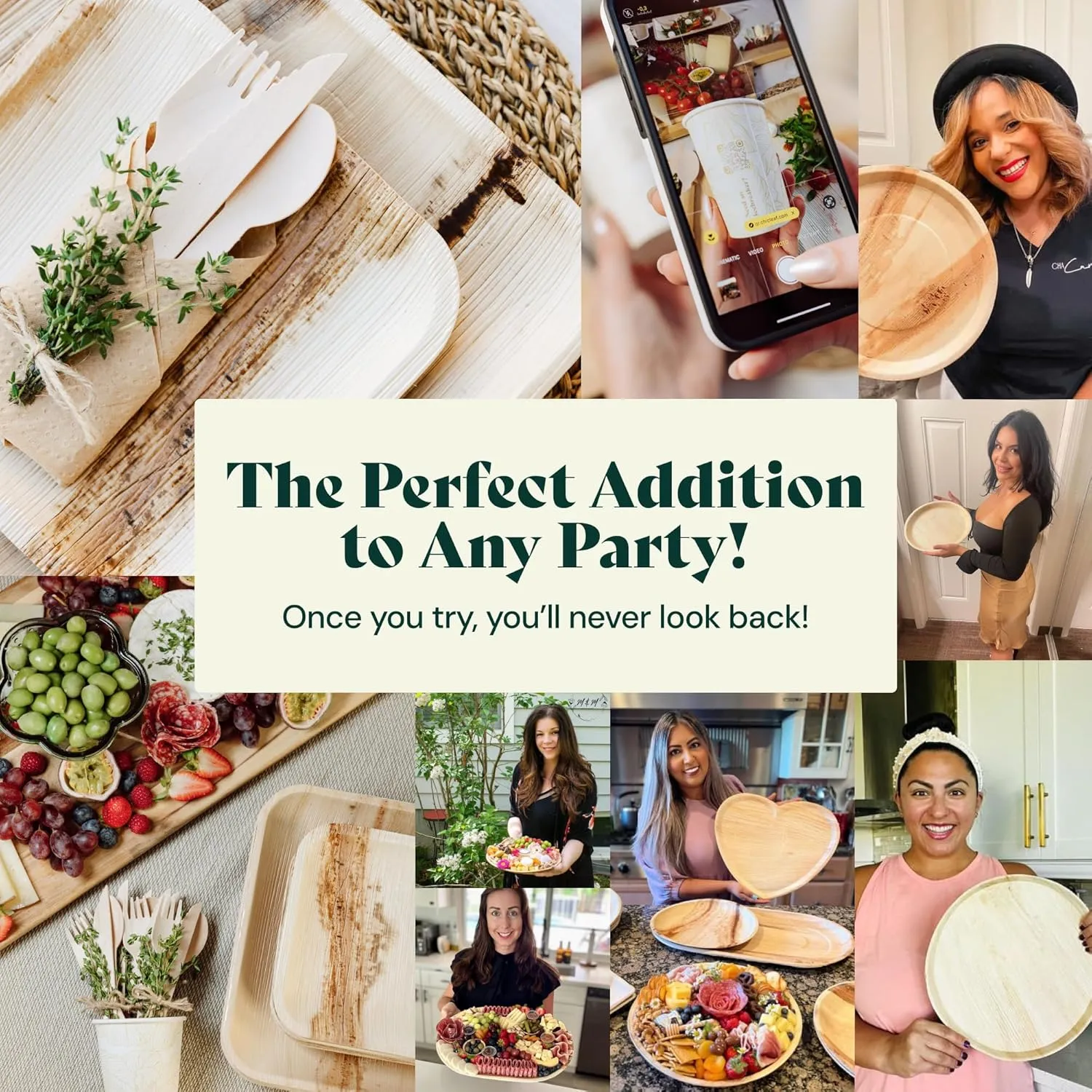Chic Leaf Compostable & Biodegradable Palm Leaf Disposable Bamboo Plates- Disposable Party Plates for Event Appetizers - Party Supplies (10'' & 7'' - 45 Person Set)