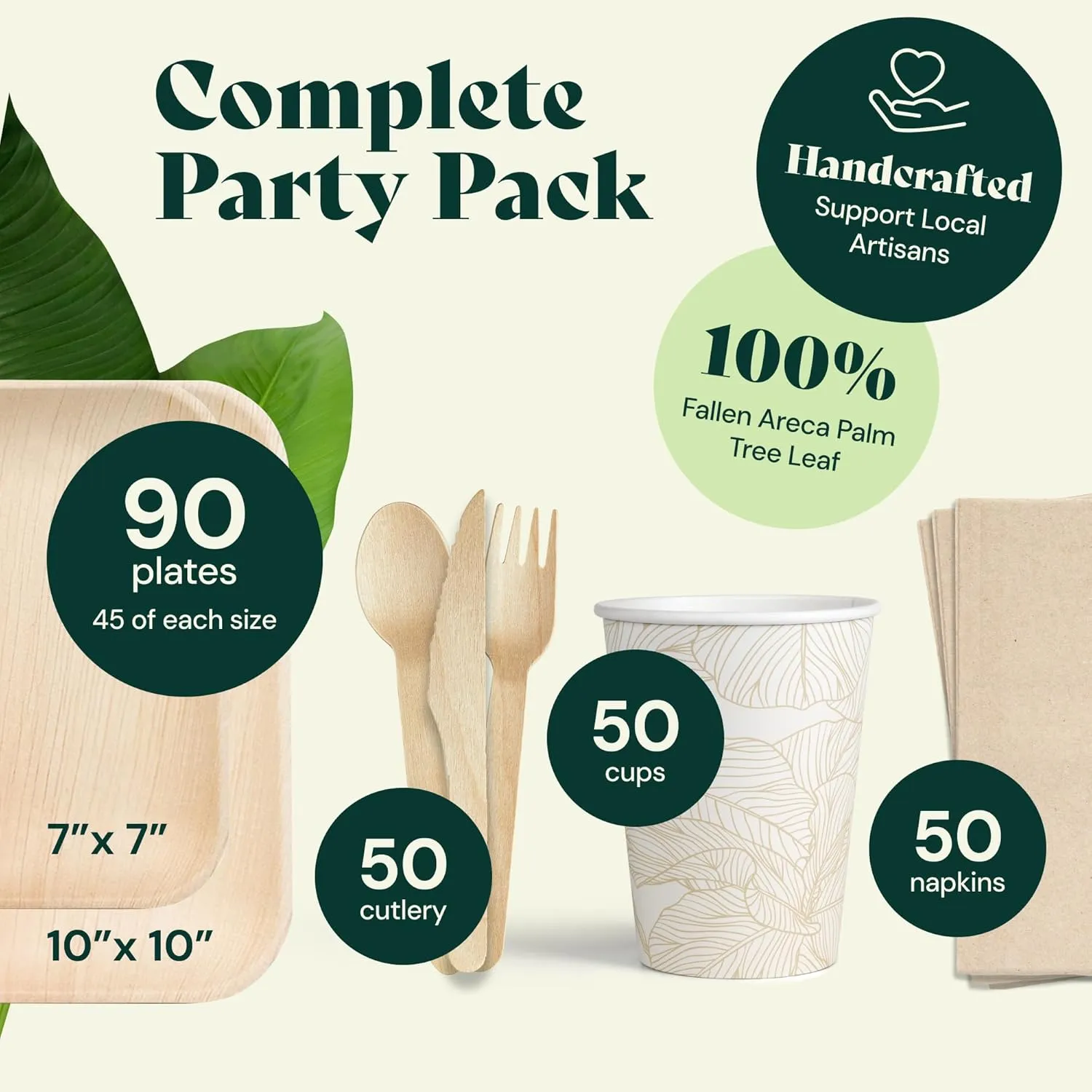 Chic Leaf Compostable & Biodegradable Palm Leaf Disposable Bamboo Plates- Disposable Party Plates for Event Appetizers - Party Supplies (10'' & 7'' - 45 Person Set)