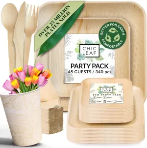 Chic Leaf Compostable & Biodegradable Palm Leaf Disposable Bamboo Plates- Disposable Party Plates for Event Appetizers - Party Supplies (10'' & 7'' - 45 Person Set)