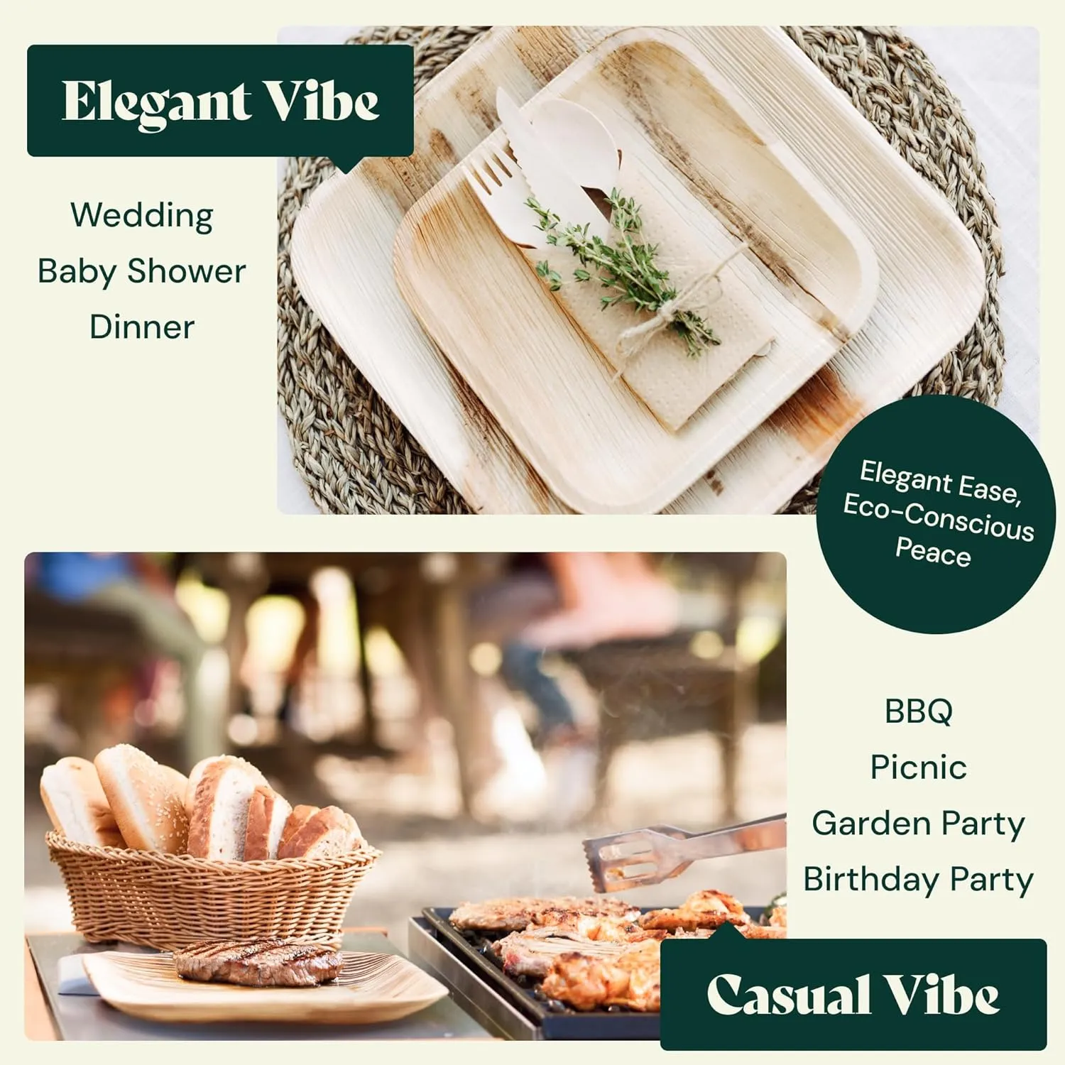 Chic Leaf Compostable & Biodegradable Palm Leaf Disposable Bamboo Plates- Disposable Party Plates for Event Appetizers - Party Supplies (10'' & 7'' - 45 Person Set)