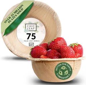 Chic Leaf Palm Leaf Bowls - Mini Disposable Bamboo Bowls - Dessert Cups for Parties, Event Appetizers - Biodegradable & Compostable Party Supplies (2.5'' Round - 75 Pack)
