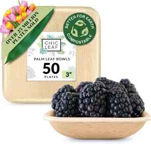 Chic Leaf Palm Leaf Bowls - Mini Disposable Bamboo Bowls for 4th of July - Small Plates & Dessert Cups - Charcuterie Cups - Biodegradable & Compostable Party Supplies (3'' Square - 50 Pack)