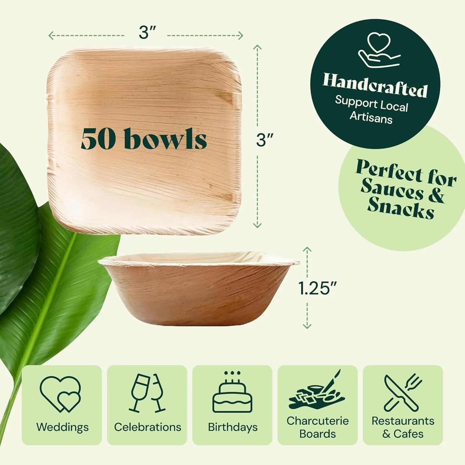 Chic Leaf Palm Leaf Bowls - Mini Disposable Bamboo Bowls for 4th of July - Small Plates & Dessert Cups - Charcuterie Cups - Biodegradable & Compostable Party Supplies (3'' Square - 50 Pack)