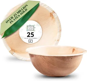 Chic Leaf Palm Leaf Bowls - Mini Disposable Bamboo Bowls for Memorial Day - Small Plates & Dessert Cups for Party Events - Biodegradable & Compostable Party Supplies (6'' Round - 25 Pack)