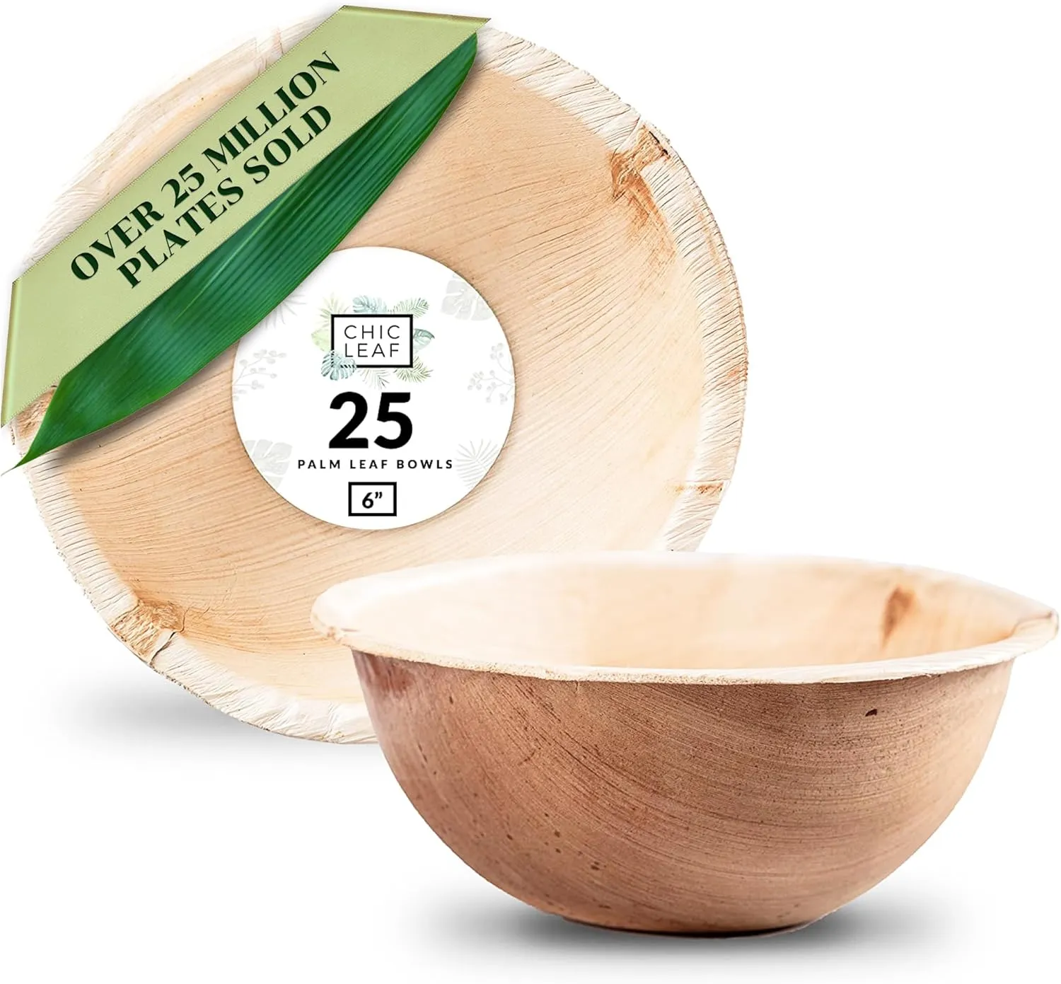 Chic Leaf Palm Leaf Bowls - Mini Disposable Bamboo Bowls for Memorial Day - Small Plates & Dessert Cups for Party Events - Biodegradable & Compostable Party Supplies (6'' Round - 25 Pack)