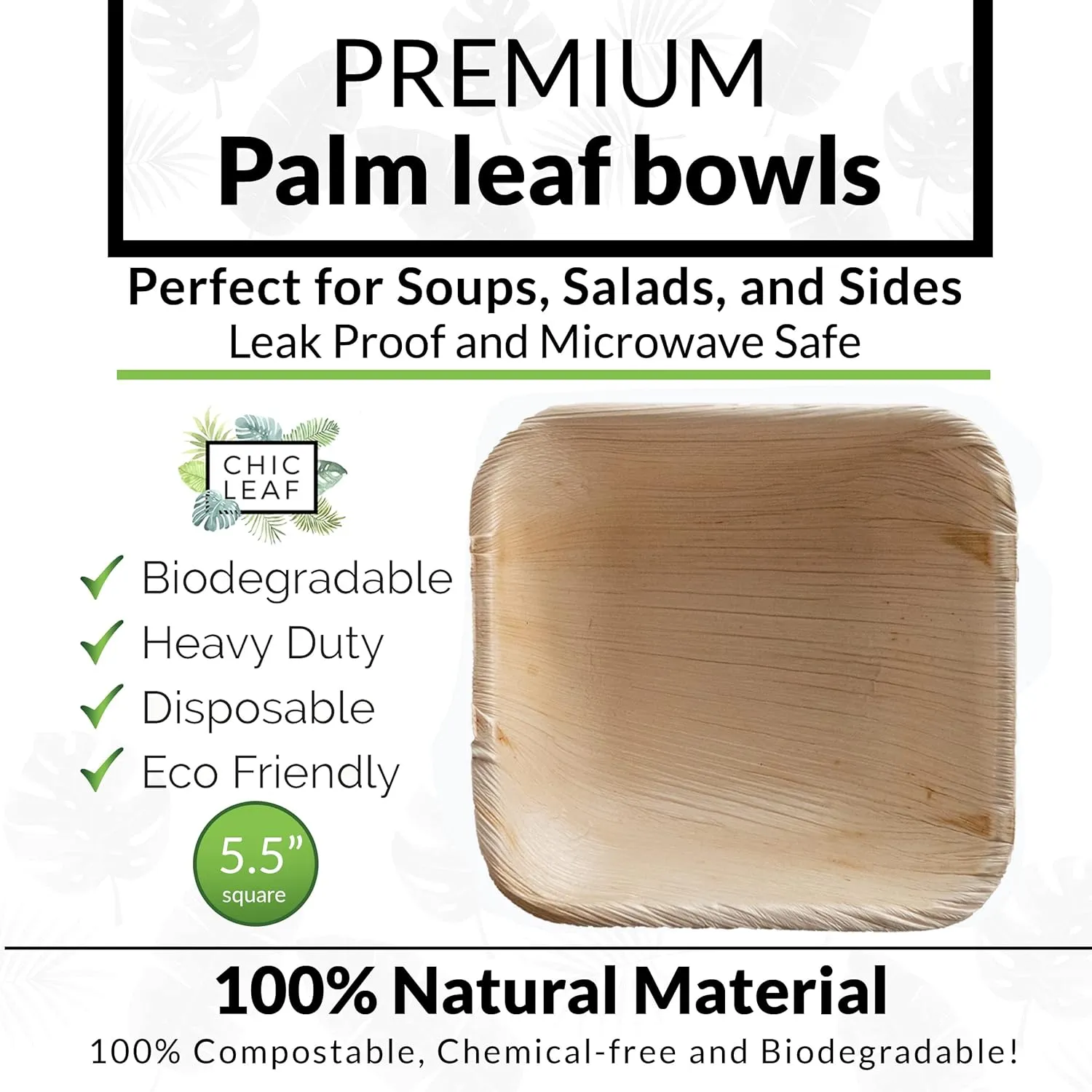 Chic Leaf Palm Leaf Bowls - Mini Disposable Bamboo Bowls for Weddings, Parties, Event Appetizers - Biodegradable & Compostable Party Supplies (5.5'' Square - 25 Pack)