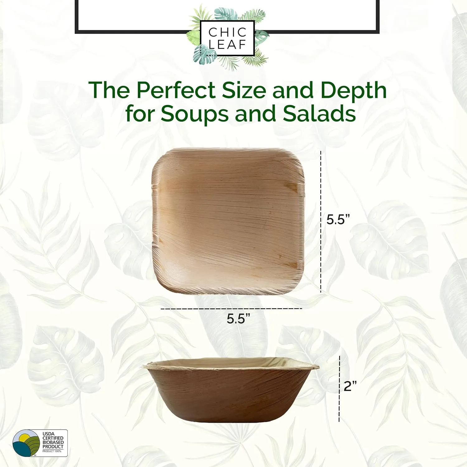 Chic Leaf Palm Leaf Bowls - Mini Disposable Bamboo Bowls for Weddings, Parties, Event Appetizers - Biodegradable & Compostable Party Supplies (5.5'' Square - 25 Pack)