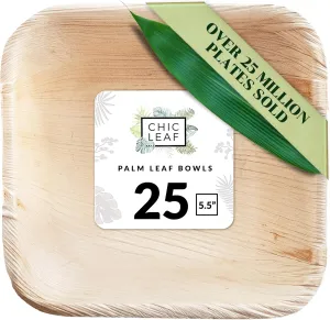 Chic Leaf Palm Leaf Bowls - Mini Disposable Bamboo Bowls for Weddings, Parties, Event Appetizers - Biodegradable & Compostable Party Supplies (5.5'' Square - 25 Pack)