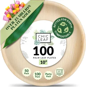Chic Leaf Palm Leaf Disposable Bamboo Plates - Round Party Plates for Weddings, Parties, Event Appetizers - Biodegradable & Compostable - Party Supplies (10", 100 Pack)
