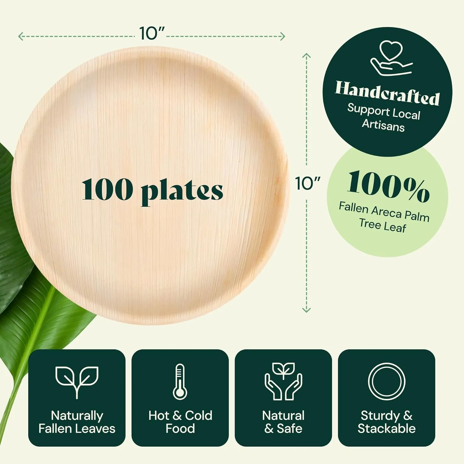 Chic Leaf Palm Leaf Disposable Bamboo Plates - Round Party Plates for Weddings, Parties, Event Appetizers - Biodegradable & Compostable - Party Supplies (10", 100 Pack)