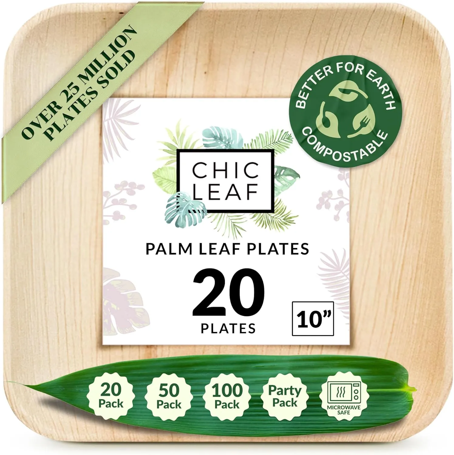 Chic Leaf Palm Leaf Disposable Bamboo Plates - Square Party Plates for Weddings, Parties, Event Appetizers - Biodegradable & Compostable - Party Supplies (10'', 20 Pack)