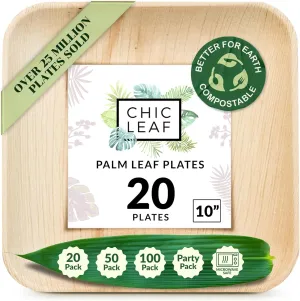 Chic Leaf Palm Leaf Disposable Bamboo Plates - Square Party Plates for Weddings, Parties, Event Appetizers - Biodegradable & Compostable - Party Supplies (10'', 20 Pack)