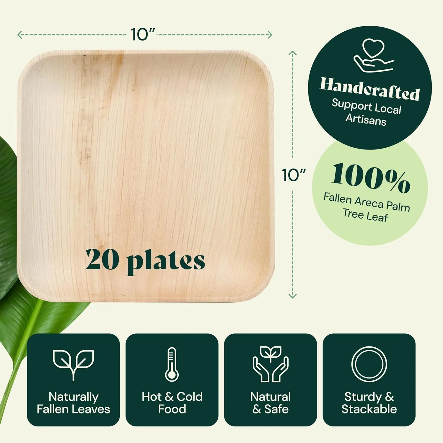 Chic Leaf Palm Leaf Disposable Bamboo Plates - Square Party Plates for Weddings, Parties, Event Appetizers - Biodegradable & Compostable - Party Supplies (10'', 20 Pack)