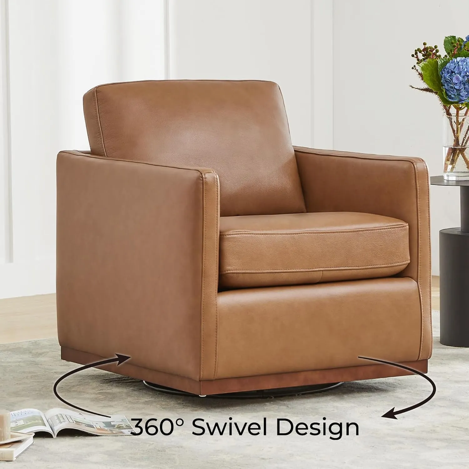 CHITA Genuine Leather Swivel Accent Chair, FSC Certified Mid Century Modern Arm Chair for Living Room and Bedroom, Fully Assembled, Saddle