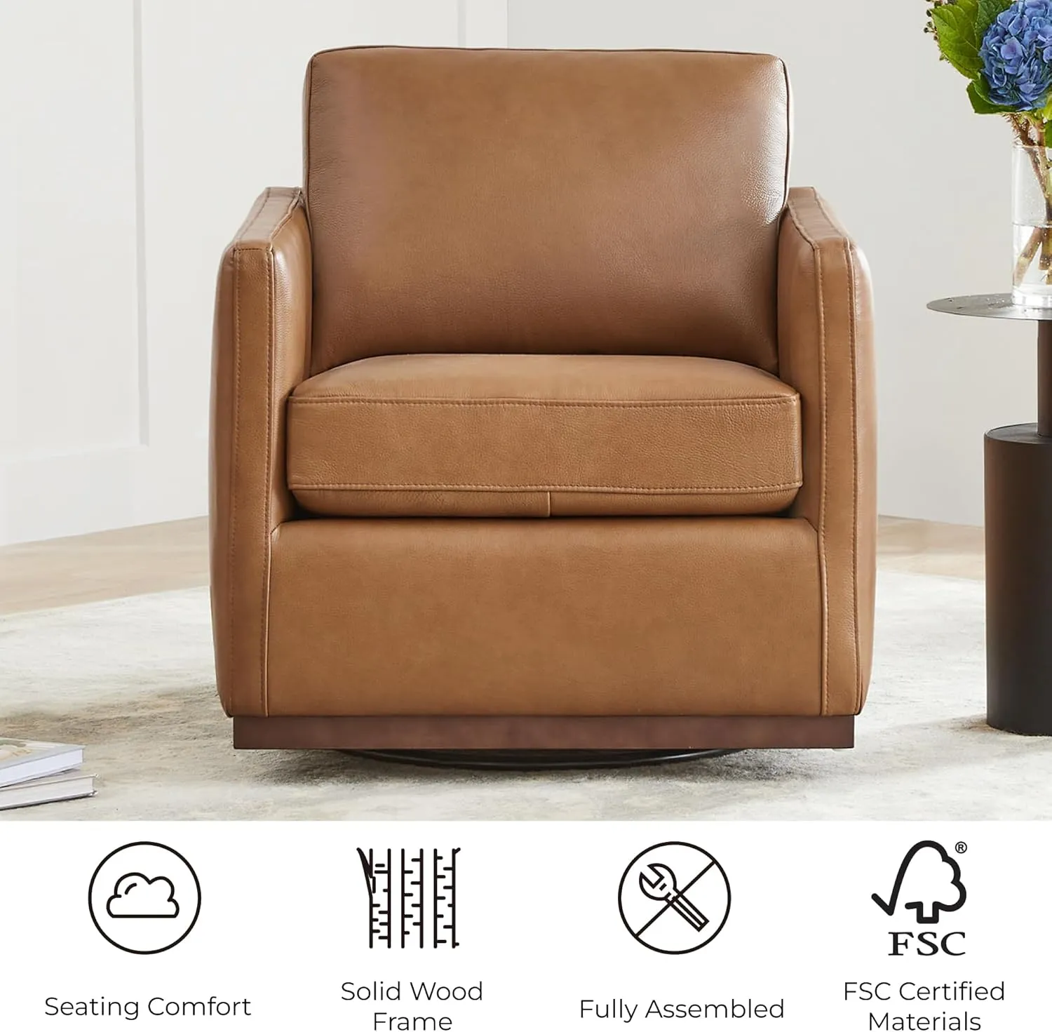 CHITA Genuine Leather Swivel Accent Chair, FSC Certified Mid Century Modern Arm Chair for Living Room and Bedroom, Fully Assembled, Saddle
