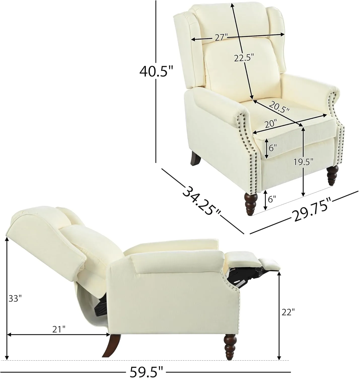 Christopher Knight Home 29.75" Push Back Recliner Chair,Upholstered Recliner Armchair with Classic Wing Back and Solid Gourd-Shaped Wooden Legs, Beige