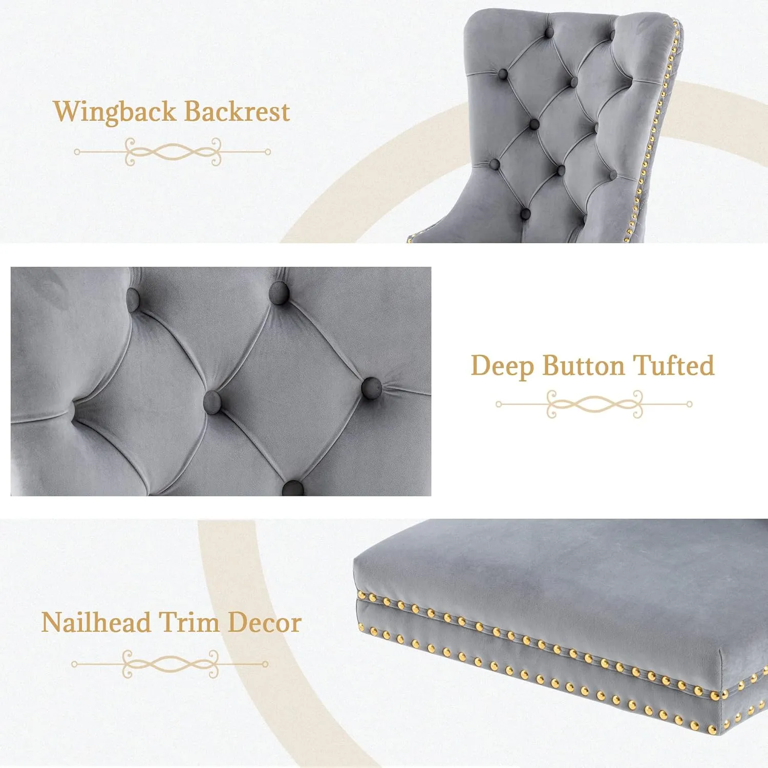 civama Dining Chairs Set of 4, Elegant Luxury Velvet Tufted Dining Chairs Golden Legs & Nailhead Trim, Back Lion Head Pull Ring & Rhomboid Pattern, Nikki Collection Armless Kitchen Chair, Light Grey