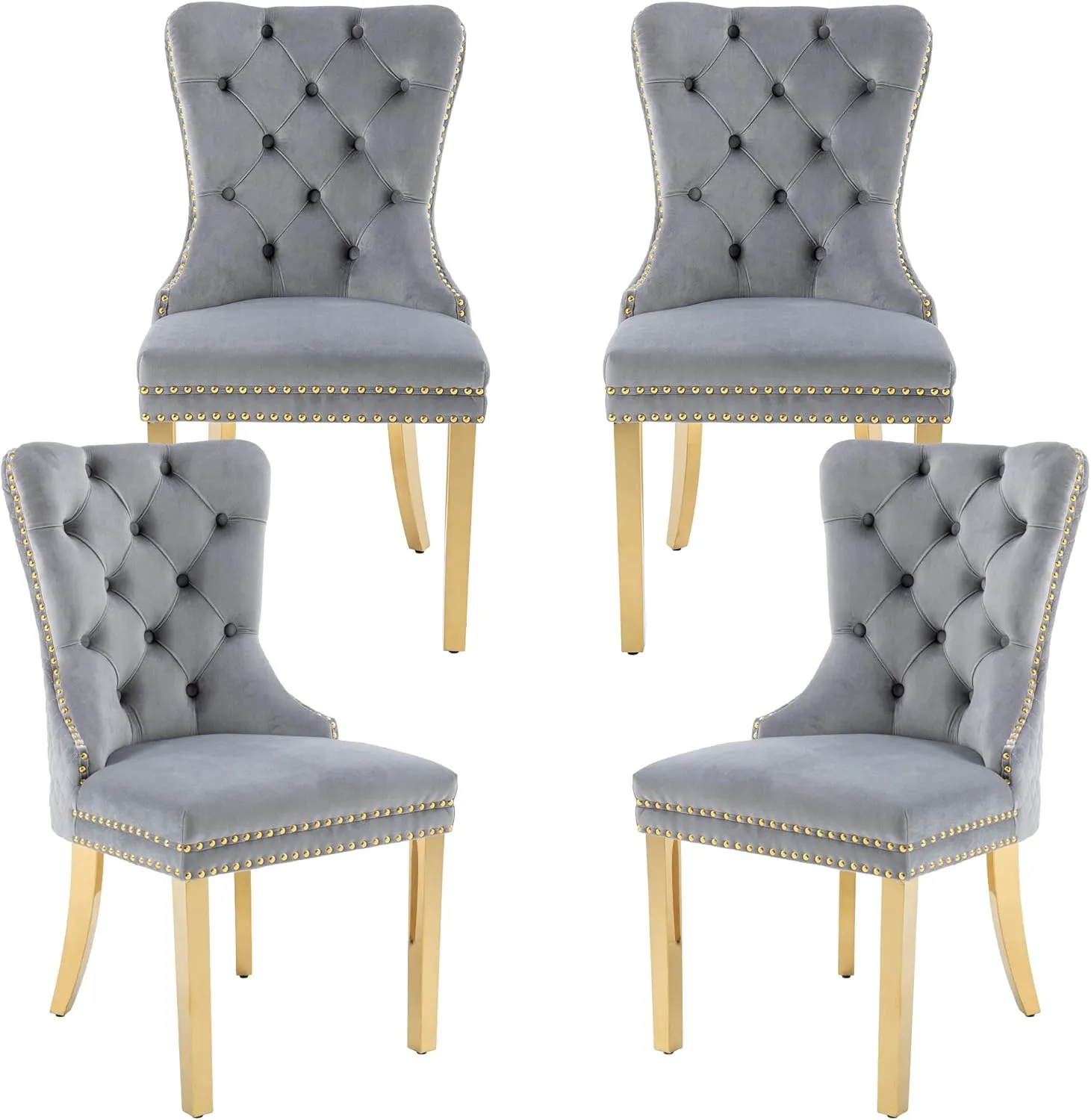 civama Dining Chairs Set of 4, Elegant Luxury Velvet Tufted Dining Chairs Golden Legs & Nailhead Trim, Back Lion Head Pull Ring & Rhomboid Pattern, Nikki Collection Armless Kitchen Chair, Light Grey