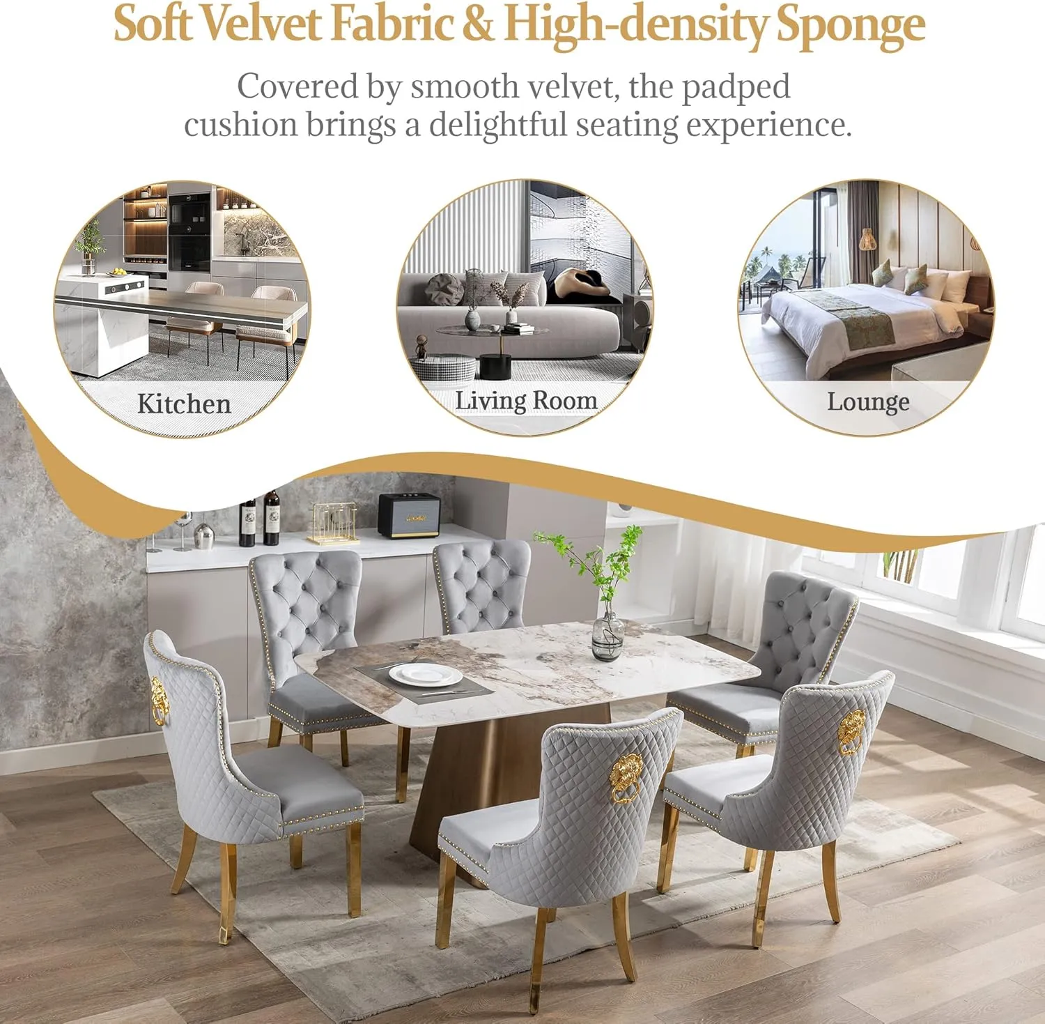 civama Dining Chairs Set of 4, Elegant Luxury Velvet Tufted Dining Chairs Golden Legs & Nailhead Trim, Back Lion Head Pull Ring & Rhomboid Pattern, Nikki Collection Armless Kitchen Chair, Light Grey