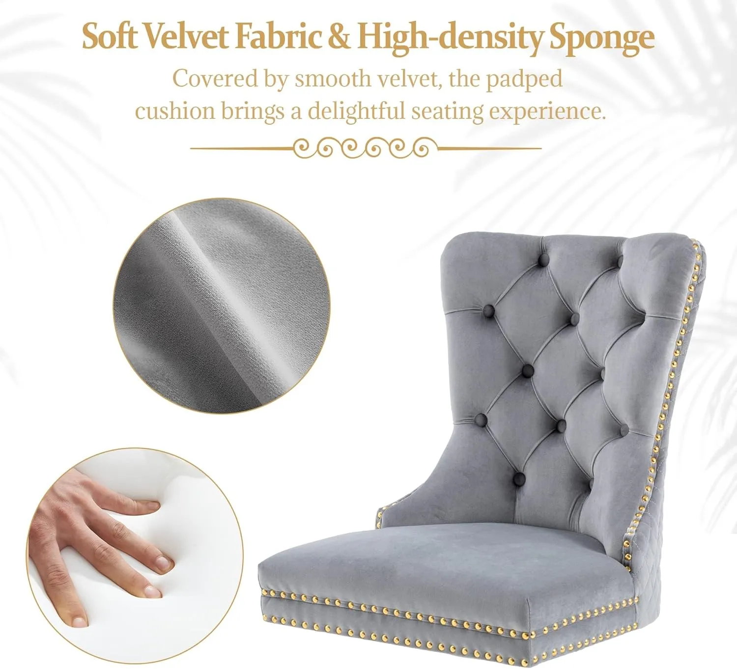 civama Dining Chairs Set of 4, Elegant Luxury Velvet Tufted Dining Chairs Golden Legs & Nailhead Trim, Back Lion Head Pull Ring & Rhomboid Pattern, Nikki Collection Armless Kitchen Chair, Light Grey
