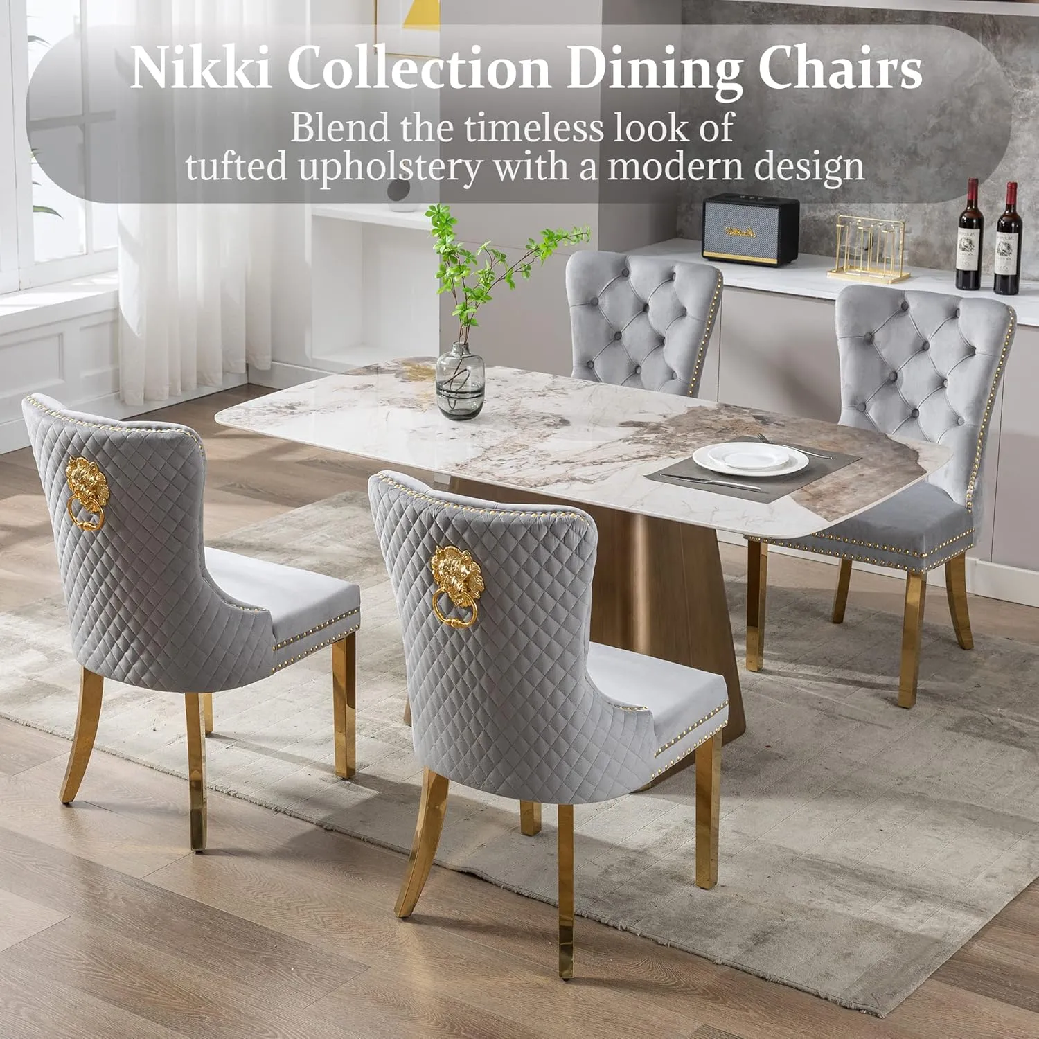 civama Dining Chairs Set of 4, Elegant Luxury Velvet Tufted Dining Chairs Golden Legs & Nailhead Trim, Back Lion Head Pull Ring & Rhomboid Pattern, Nikki Collection Armless Kitchen Chair, Light Grey