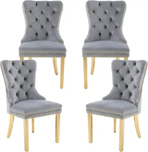 civama Dining Chairs Set of 4, Elegant Luxury Velvet Tufted Dining Chairs Golden Legs & Nailhead Trim, Back Lion Head Pull Ring & Rhomboid Pattern, Nikki Collection Armless Kitchen Chair, Light Grey