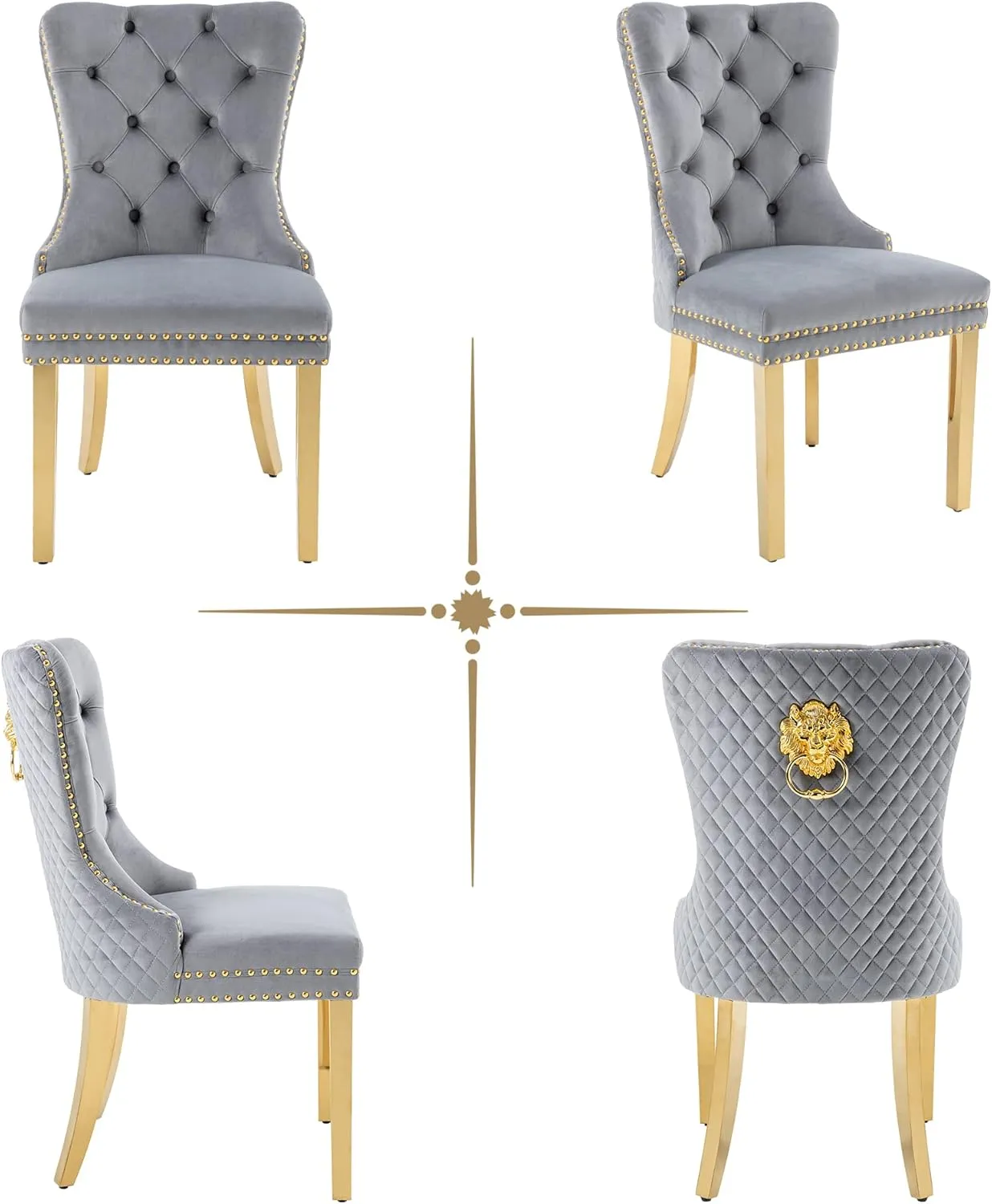 civama Dining Chairs Set of 4, Elegant Luxury Velvet Tufted Dining Chairs Golden Legs & Nailhead Trim, Back Lion Head Pull Ring & Rhomboid Pattern, Nikki Collection Armless Kitchen Chair, Light Grey