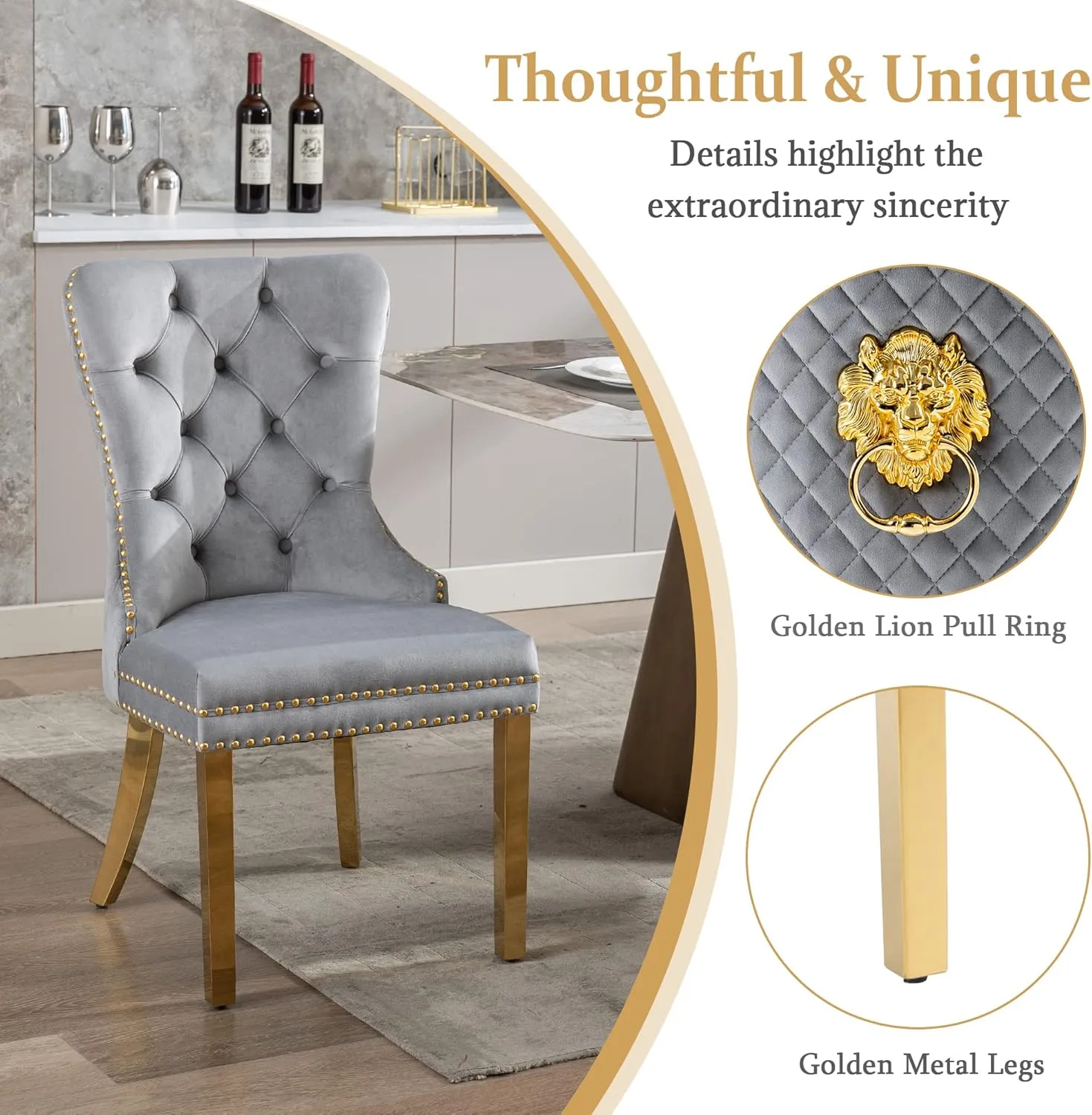 civama Dining Chairs Set of 4, Elegant Luxury Velvet Tufted Dining Chairs Golden Legs & Nailhead Trim, Back Lion Head Pull Ring & Rhomboid Pattern, Nikki Collection Armless Kitchen Chair, Light Grey