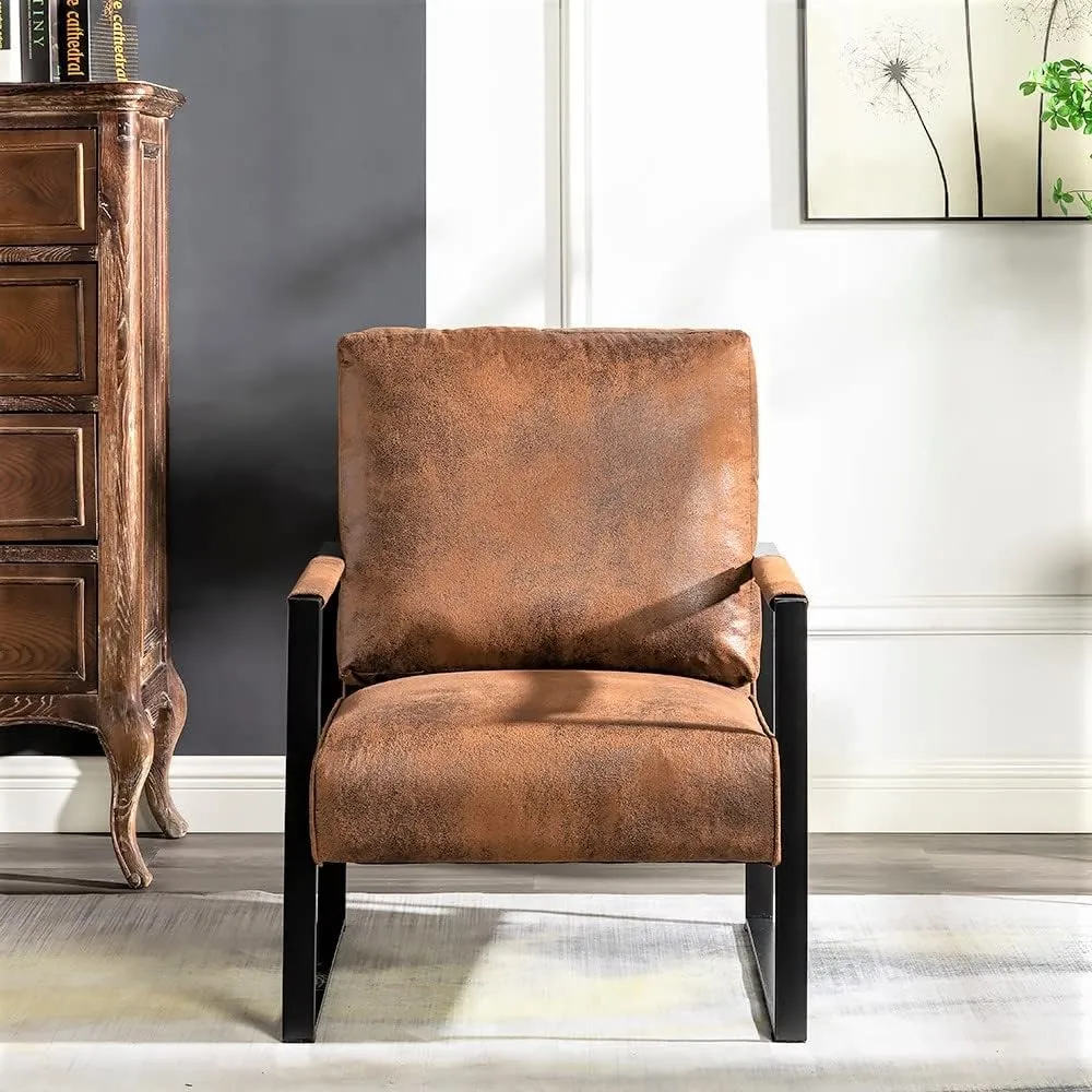 Classic Mid Century Modern Accent Chair with Durable Square Metal Frame, Armchair for Living Room, Bedroom, Home Office in Spotted Microfiber Upholstery, Light Brown