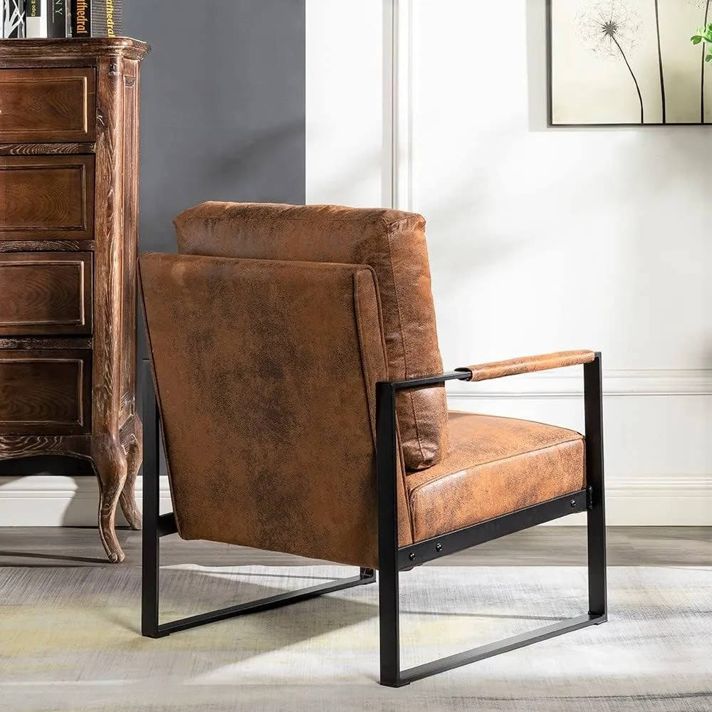 Classic Mid Century Modern Accent Chair with Durable Square Metal Frame, Armchair for Living Room, Bedroom, Home Office in Spotted Microfiber Upholstery, Light Brown