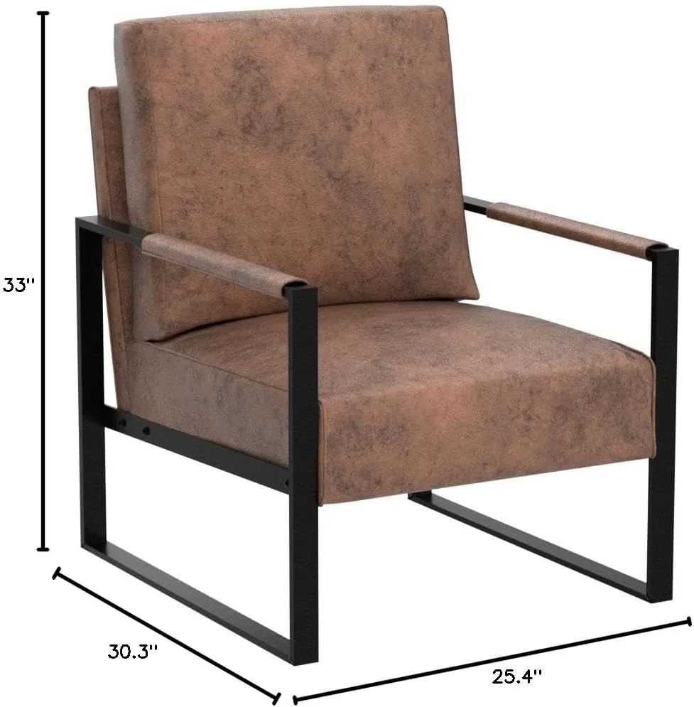 Classic Mid Century Modern Accent Chair with Durable Square Metal Frame, Armchair for Living Room, Bedroom, Home Office in Spotted Microfiber Upholstery, Light Brown