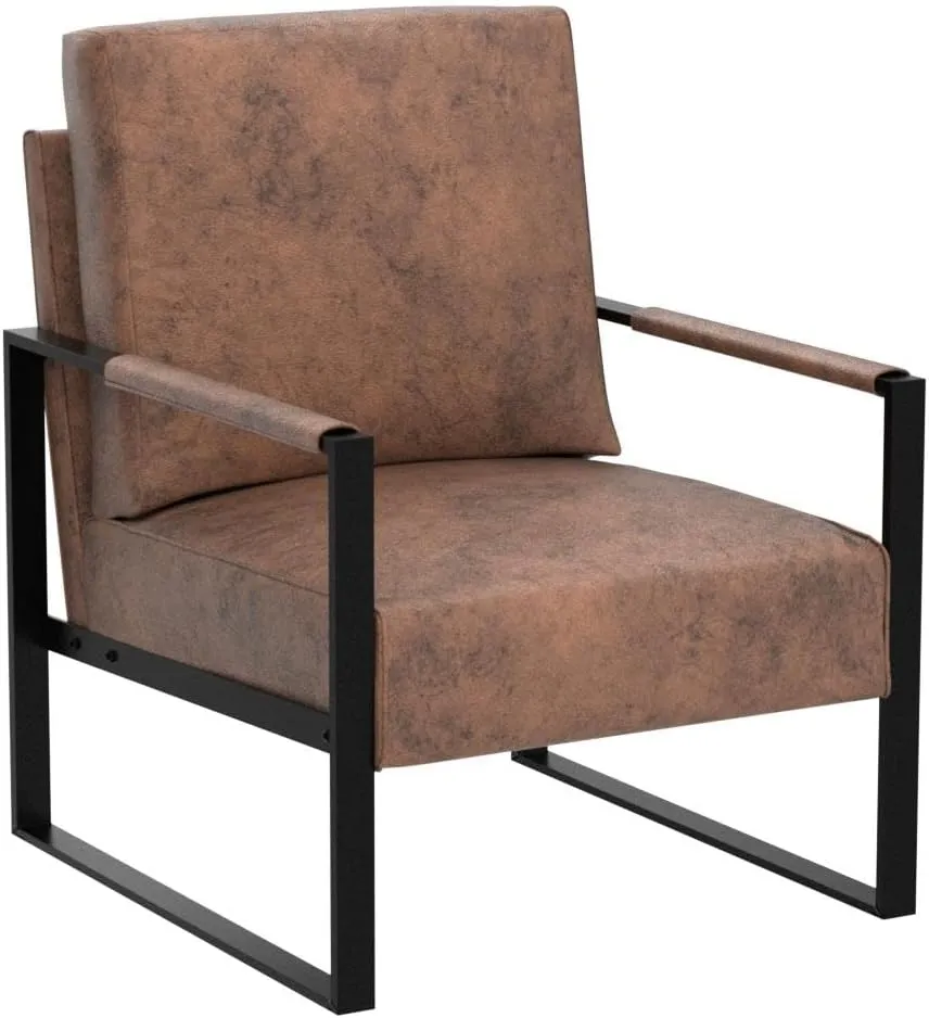 Classic Mid Century Modern Accent Chair with Durable Square Metal Frame, Armchair for Living Room, Bedroom, Home Office in Spotted Microfiber Upholstery, Light Brown