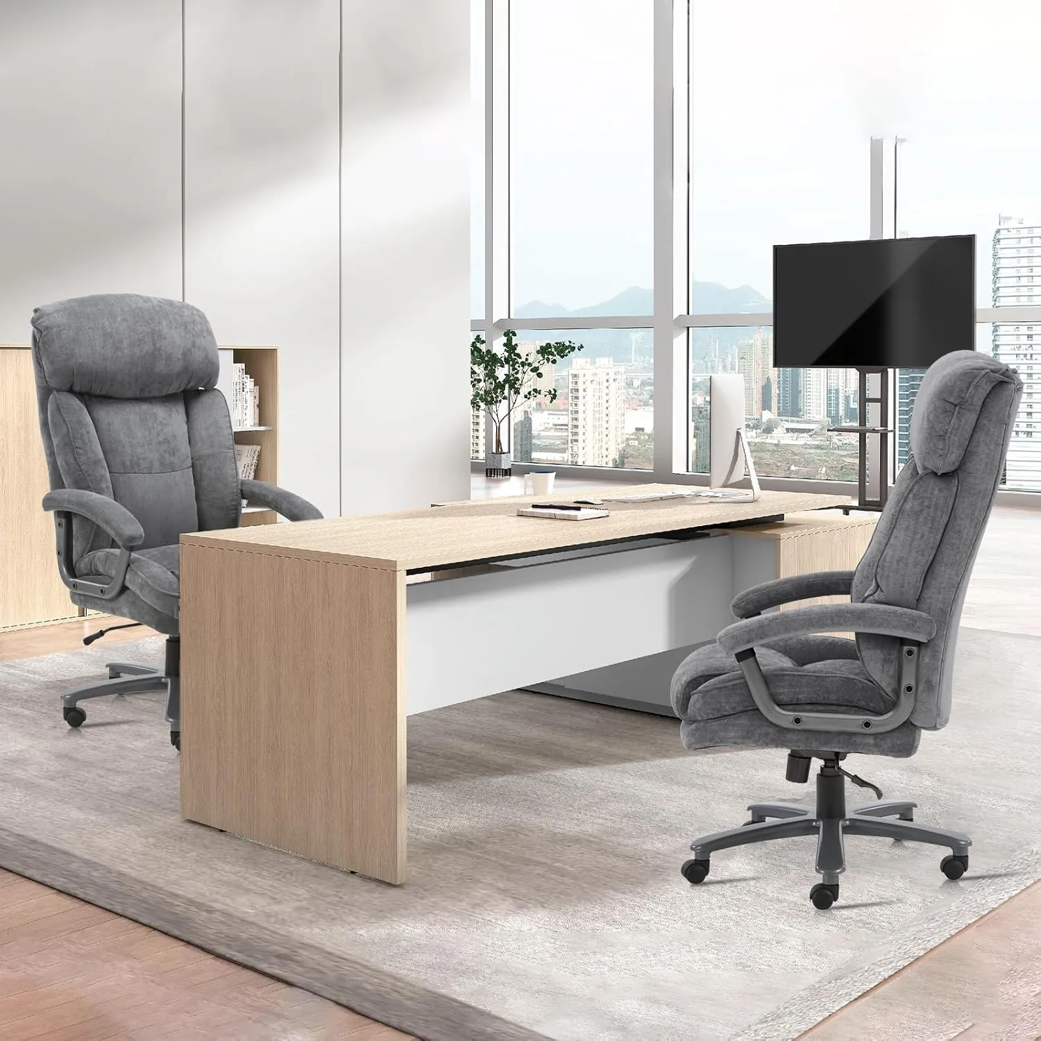 CLATINA Ergonomic Big and Tall Executive Office Chair with Upholstered Swivel 400lbs High Capacity Adjustable Height Thick Padding Headrest and Armrest for Home Office Grey