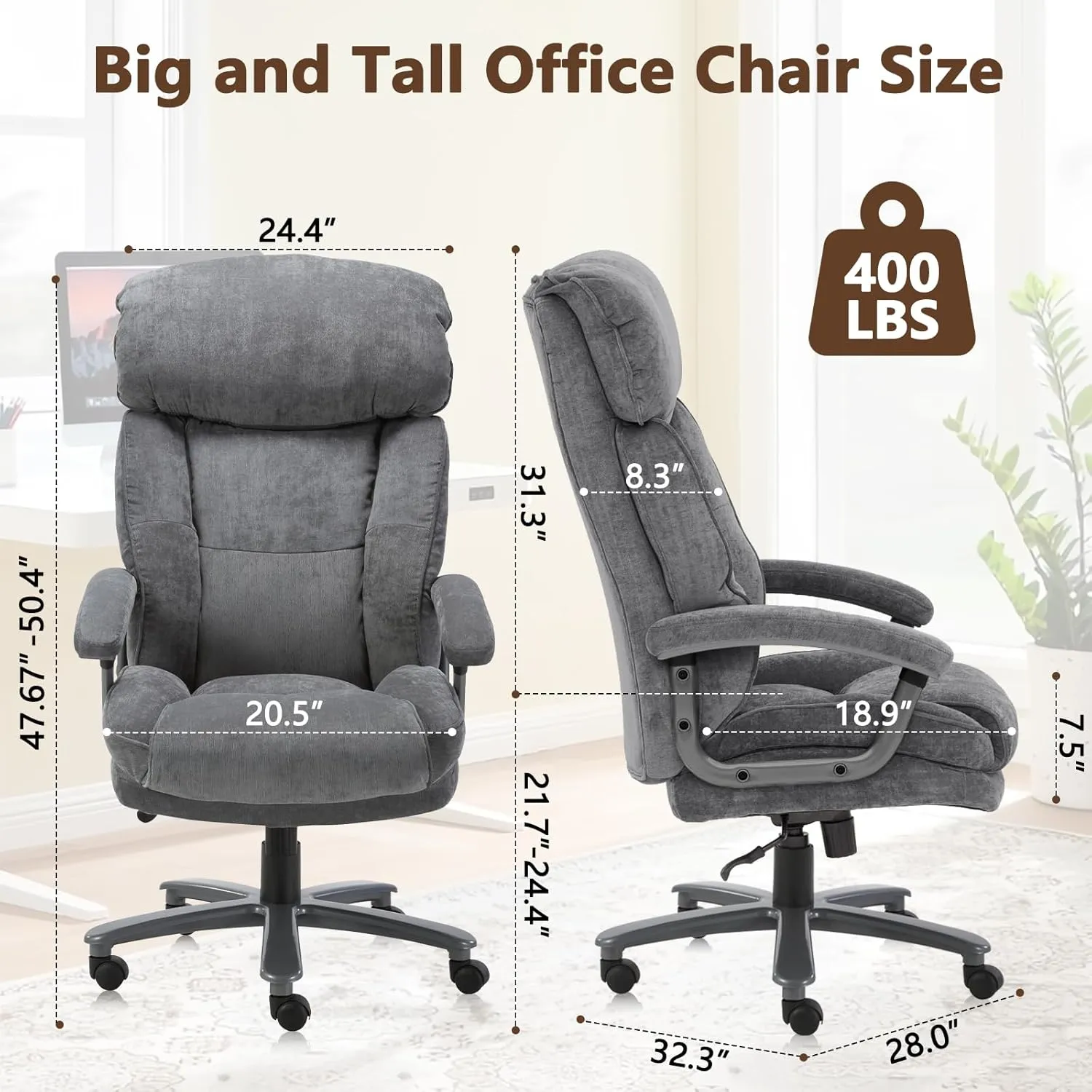 CLATINA Ergonomic Big and Tall Executive Office Chair with Upholstered Swivel 400lbs High Capacity Adjustable Height Thick Padding Headrest and Armrest for Home Office Grey