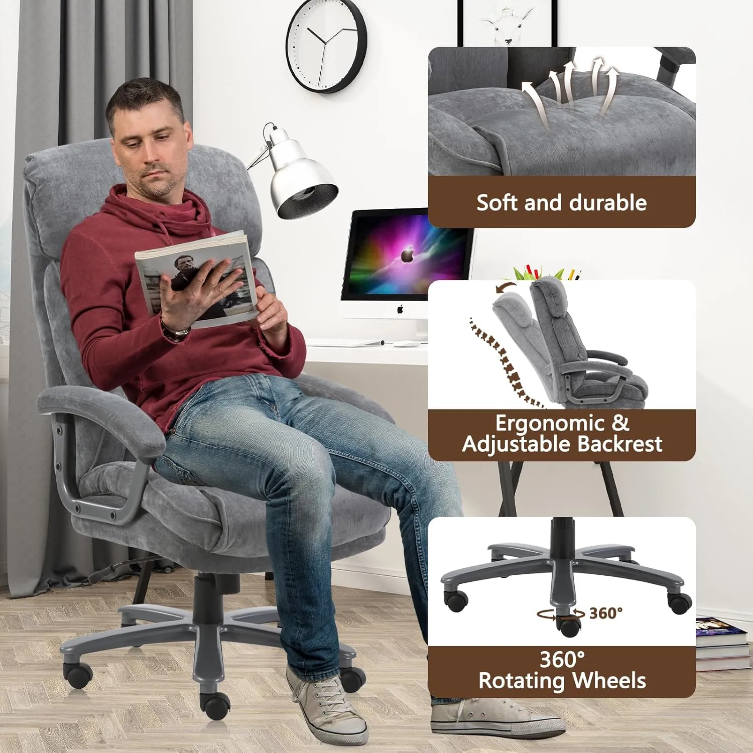CLATINA Ergonomic Big and Tall Executive Office Chair with Upholstered Swivel 400lbs High Capacity Adjustable Height Thick Padding Headrest and Armrest for Home Office Grey