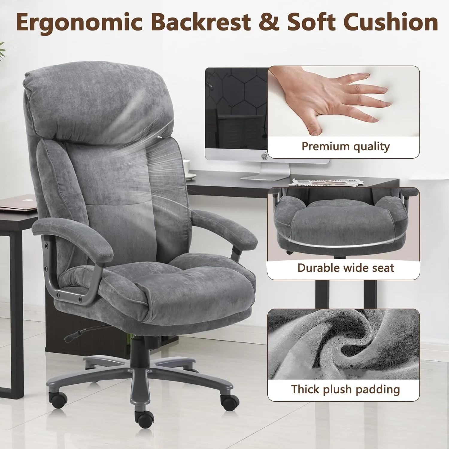 CLATINA Ergonomic Big and Tall Executive Office Chair with Upholstered Swivel 400lbs High Capacity Adjustable Height Thick Padding Headrest and Armrest for Home Office Grey