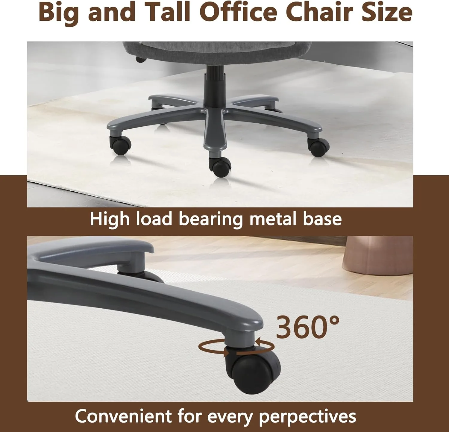 CLATINA Ergonomic Big and Tall Executive Office Chair with Upholstered Swivel 400lbs High Capacity Adjustable Height Thick Padding Headrest and Armrest for Home Office Grey