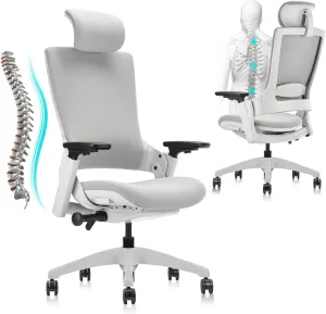 CLATINA Ergonomic High Swivel Executive Chair with Adjustable Height Head 3D Arm Rest Lumbar Support and Upholstered Back for Home Office Studio, Gray Fabric, 2 Pack