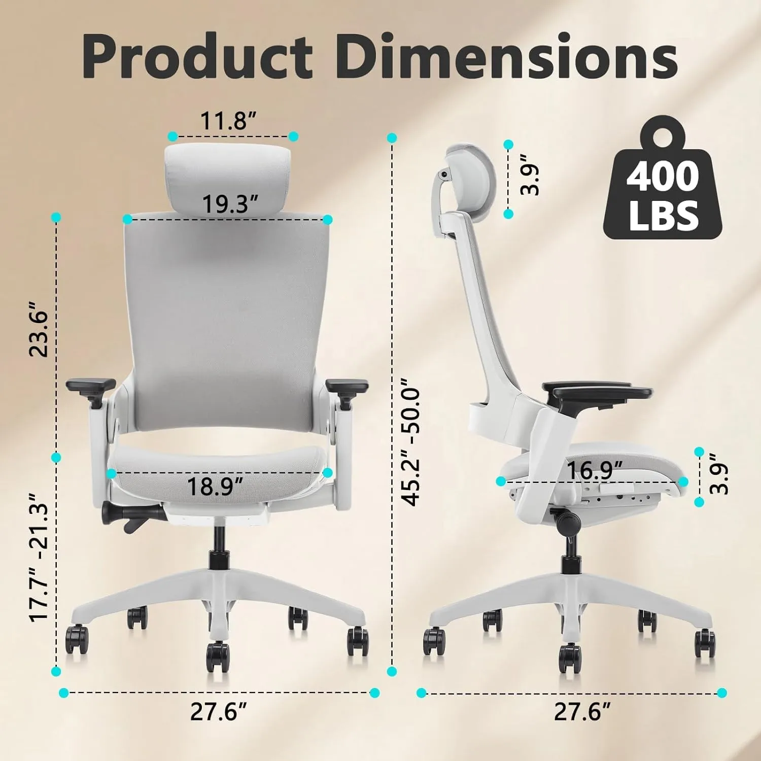 CLATINA Ergonomic High Swivel Executive Chair with Adjustable Height Head 3D Arm Rest Lumbar Support and Upholstered Back for Home Office Studio, Gray Fabric, 2 Pack