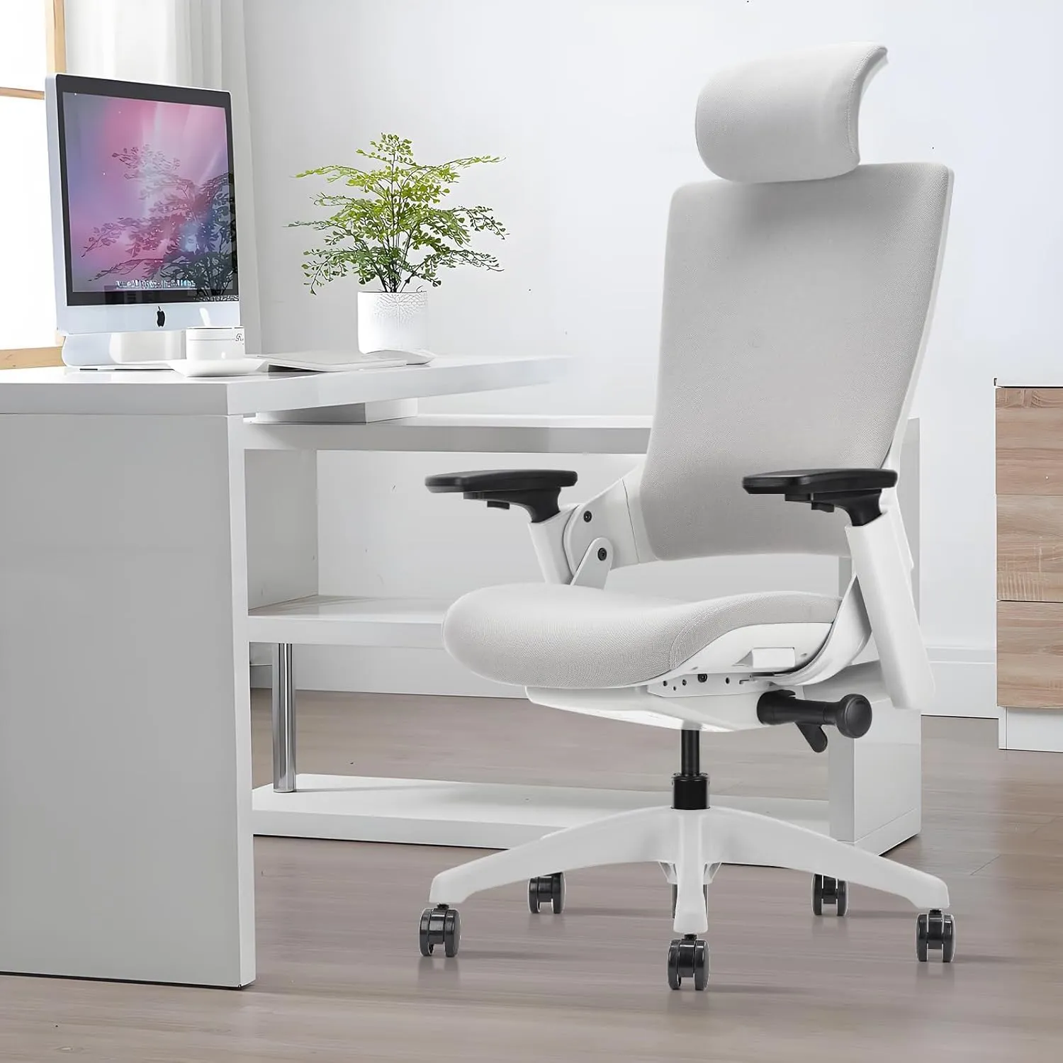 CLATINA Ergonomic High Swivel Executive Chair with Adjustable Height Head 3D Arm Rest Lumbar Support and Upholstered Back for Home Office Studio, Gray Fabric, 2 Pack