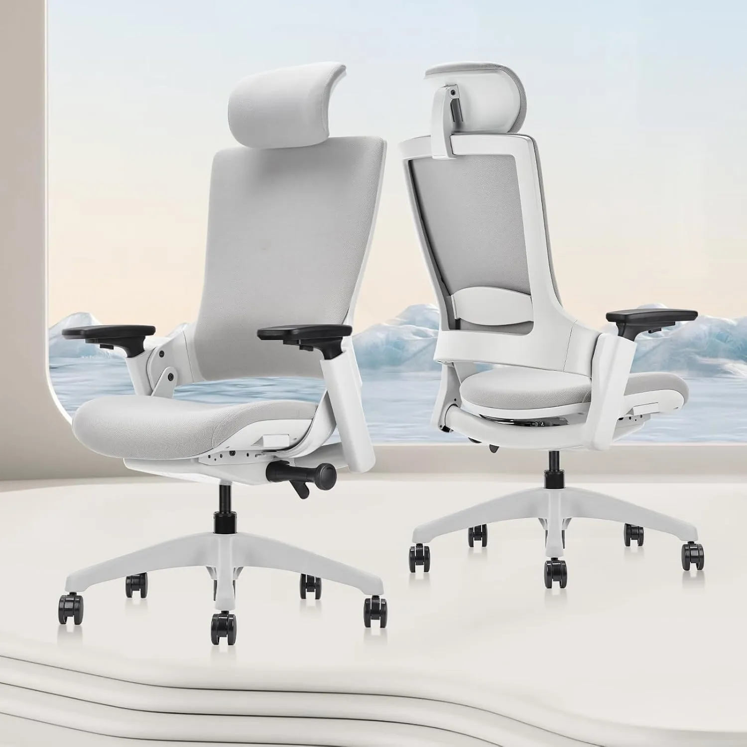 CLATINA Ergonomic High Swivel Executive Chair with Adjustable Height Head 3D Arm Rest Lumbar Support and Upholstered Back for Home Office Studio, Gray Fabric, 2 Pack
