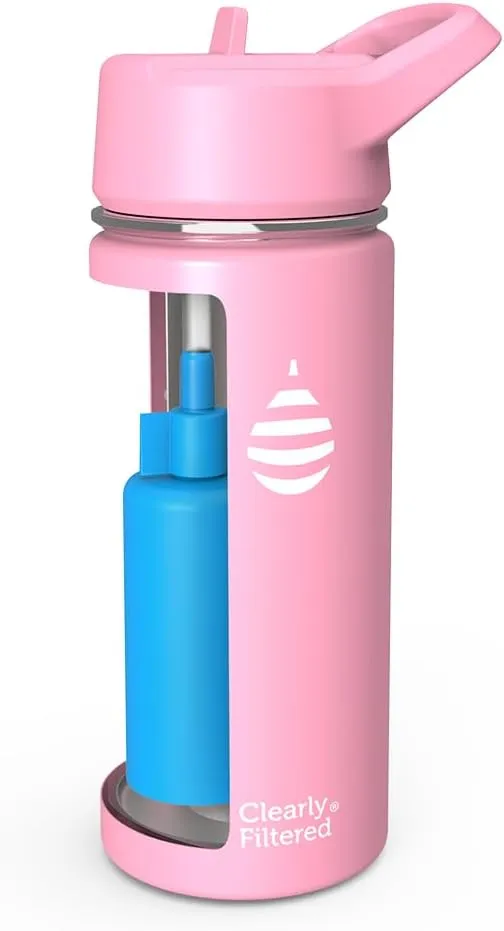 Clearly Filtered Water Bottle | Removes 220  Contaminants, Double-Wall Insulated Stainless Steel, BPA/BPS Free, Phthalate Free, Filters Flouride Lead Chlorine (16oz, Bubble Gum)