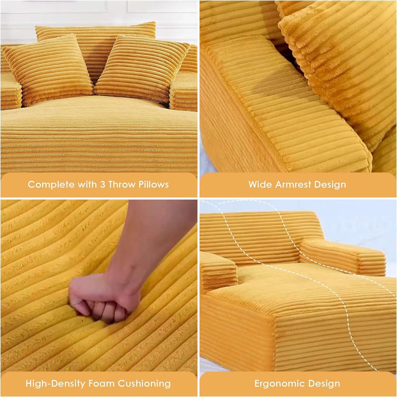 Cloudline Oversized Chaise Lounge Chair in Soft Corduroy, Modern Comfy Couch with Full Foam Cushioning, Cozy Sleeper Sofabed for Living Room, Bedroom, No Assembly Required, Goldenrod