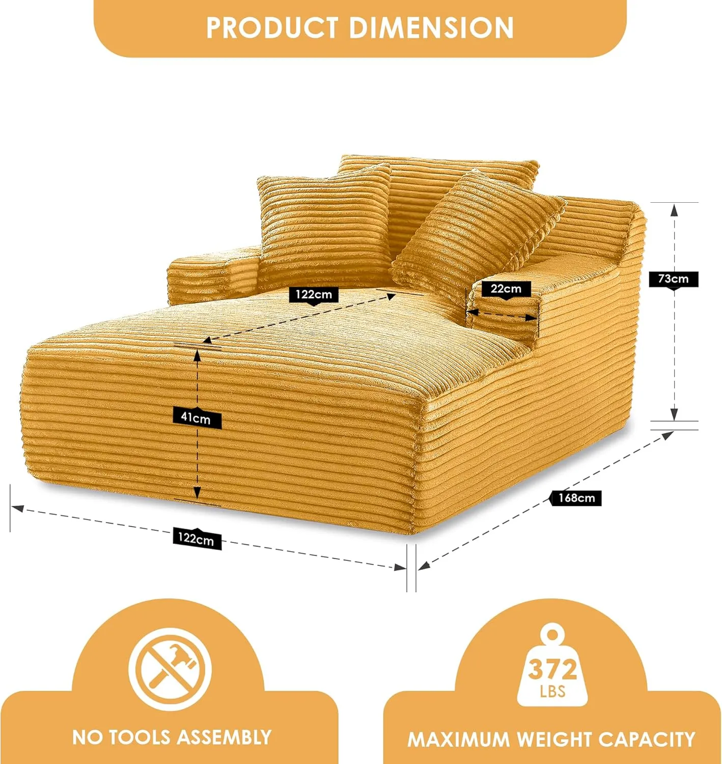 Cloudline Oversized Chaise Lounge Chair in Soft Corduroy, Modern Comfy Couch with Full Foam Cushioning, Cozy Sleeper Sofabed for Living Room, Bedroom, No Assembly Required, Goldenrod