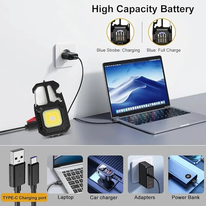 COB Keychain Flashlights,Multifunctiona Work Light,1000 Lumens Rechargeable LED Keychain Flashlight 7 Modes Portable Pocket Light with Screwdriver, Bottle Opener for Camping,Hiking and Fishing