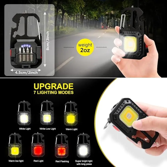 COB Keychain Flashlights,Multifunctiona Work Light,1000 Lumens Rechargeable LED Keychain Flashlight 7 Modes Portable Pocket Light with Screwdriver, Bottle Opener for Camping,Hiking and Fishing