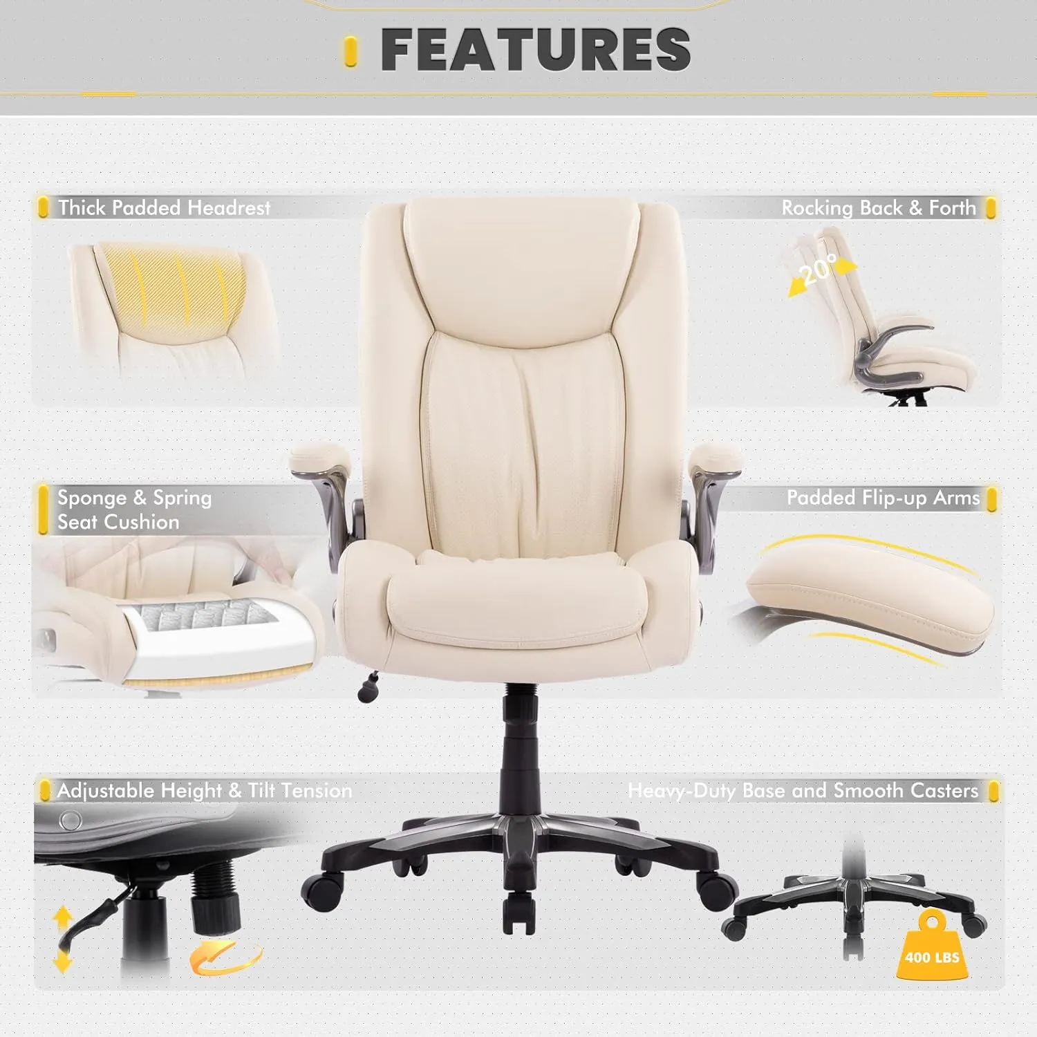 COLAMY High Back Executive Office Chair 400lbs, Large Heavy Duty Big and Tall Computer Office Desk Chair Flip-up Arms Wide Thick Seat for Home Office - Ivory