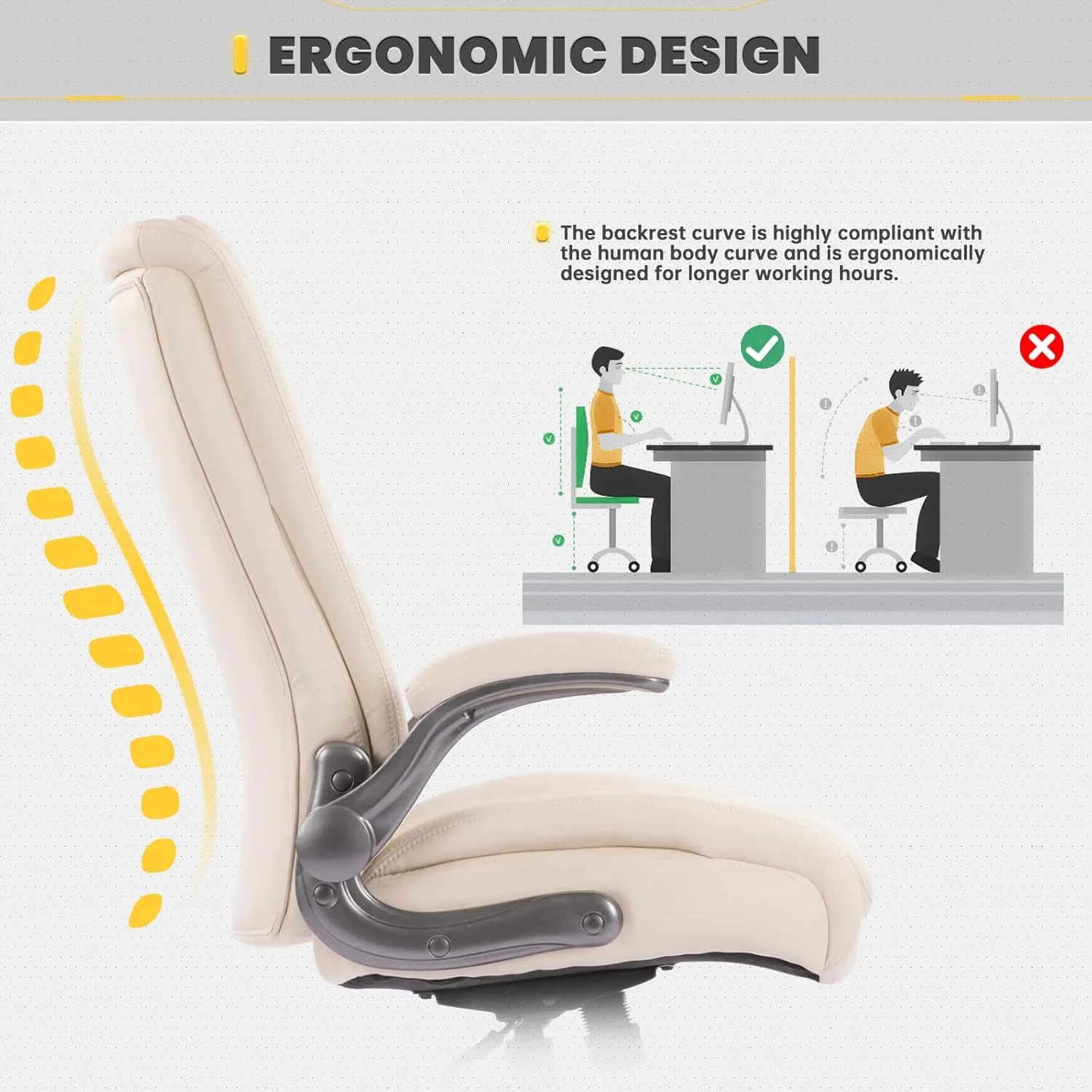 COLAMY High Back Executive Office Chair 400lbs, Large Heavy Duty Big and Tall Computer Office Desk Chair Flip-up Arms Wide Thick Seat for Home Office - Ivory