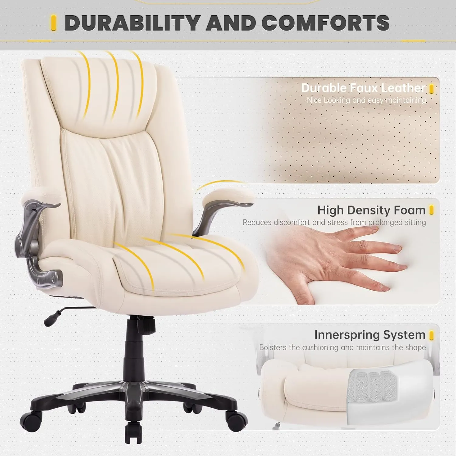 COLAMY High Back Executive Office Chair 400lbs, Large Heavy Duty Big and Tall Computer Office Desk Chair Flip-up Arms Wide Thick Seat for Home Office - Ivory